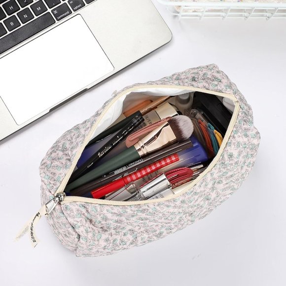 Women Kawaii Floral Cosmetic Large Travel Toiletry Cosmetic Pouch Creamy Green - Picture 4 of 7